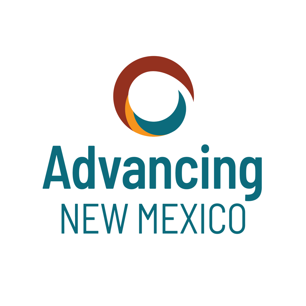 Advancing New Mexico logo, a rust, gold and teal circle beside a teal wordmark