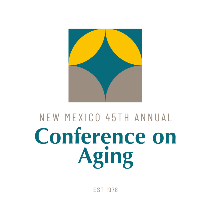 New Mexico 45th Annual Conference on Aging logo, four arcs in gold, teal and gray forming a star