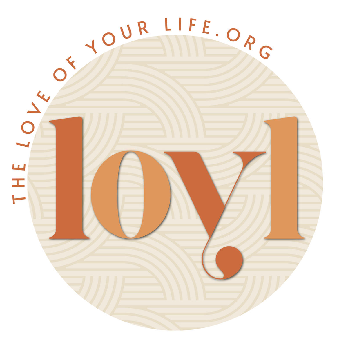 LOYL circular logo with terracotta lettering over a cream woven pattern