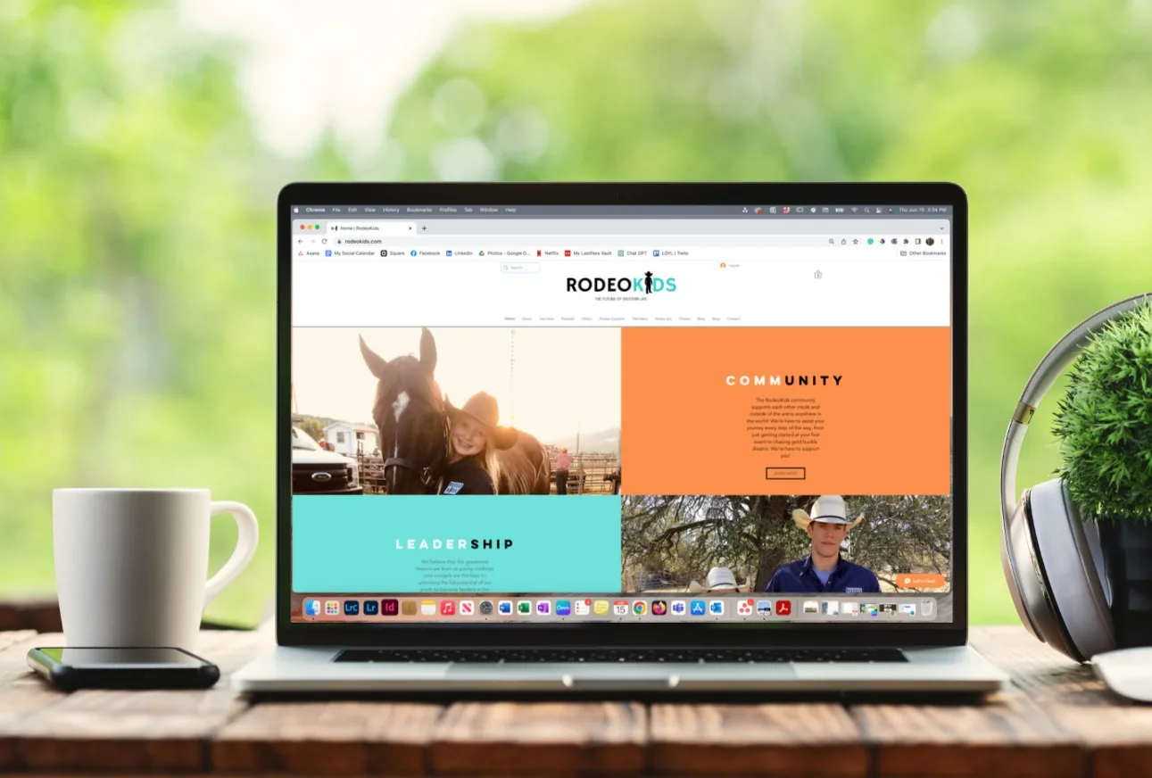 Rodeo Kids website on a laptop with orange and turquoise color blocks